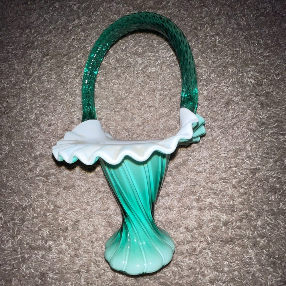 Fenton Optic Swirl Green White Overlay Crimped Edge Basket
